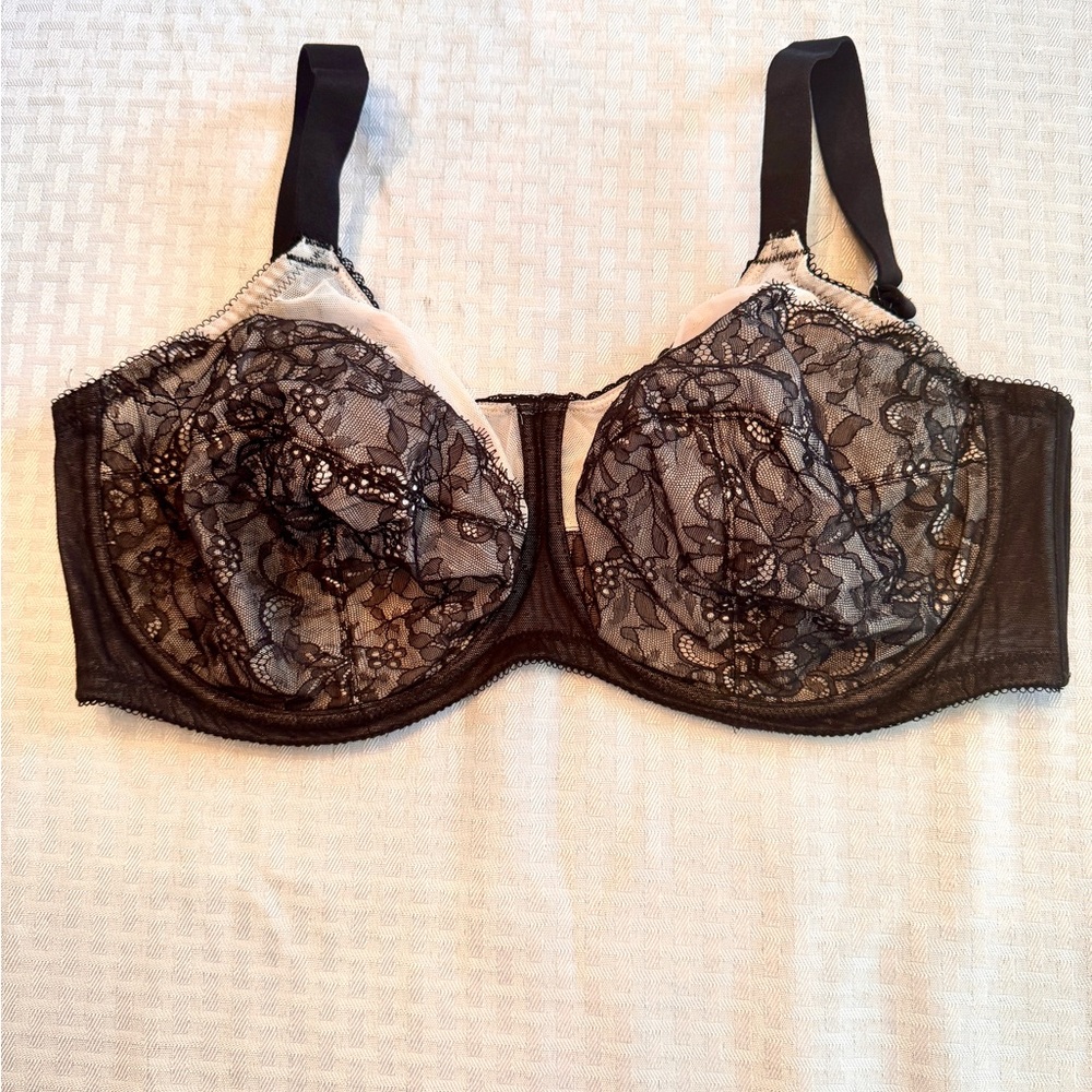 Wacoal Black Lace Underwire Bra Size 34I‎ Sheer Floral Mesh Full Bust